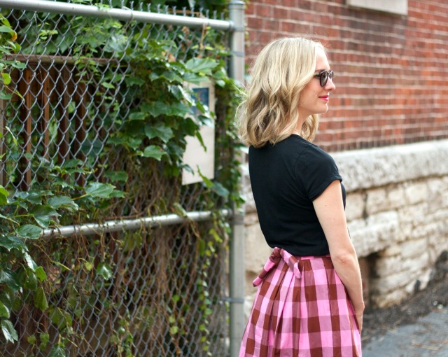 pink gingham midi skirt, black t, lace--up booties
