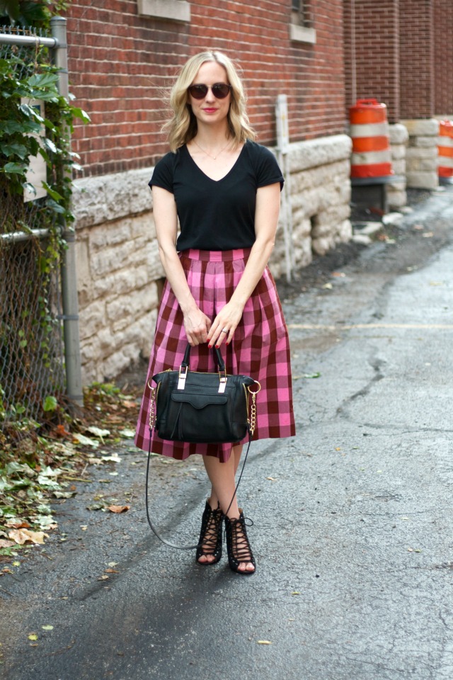pink gingham midi skirt, black t, lace--up booties