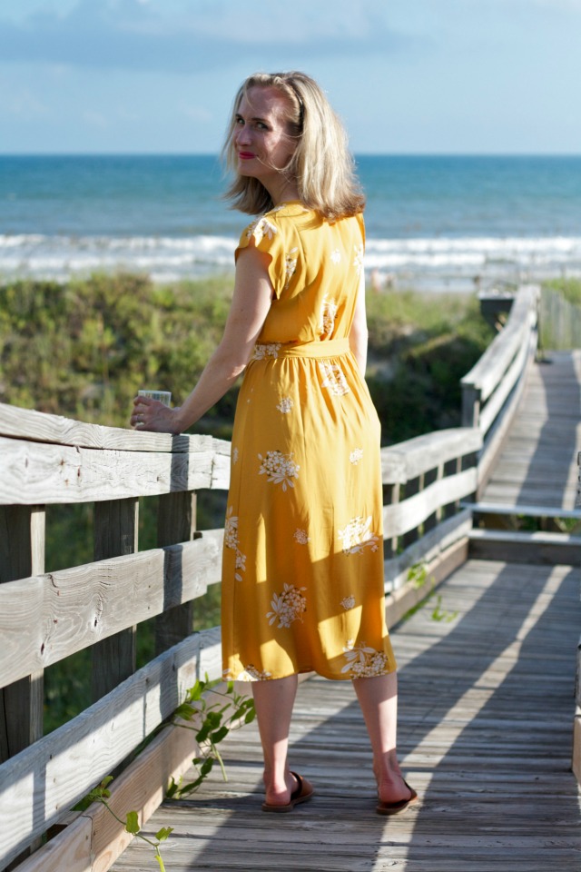 yellow midi dress, leather slides, beach outfit