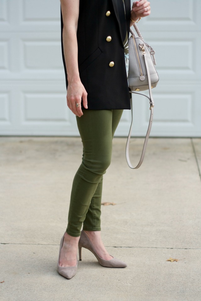 long line vest, sleeveless top, olive green skinny pants