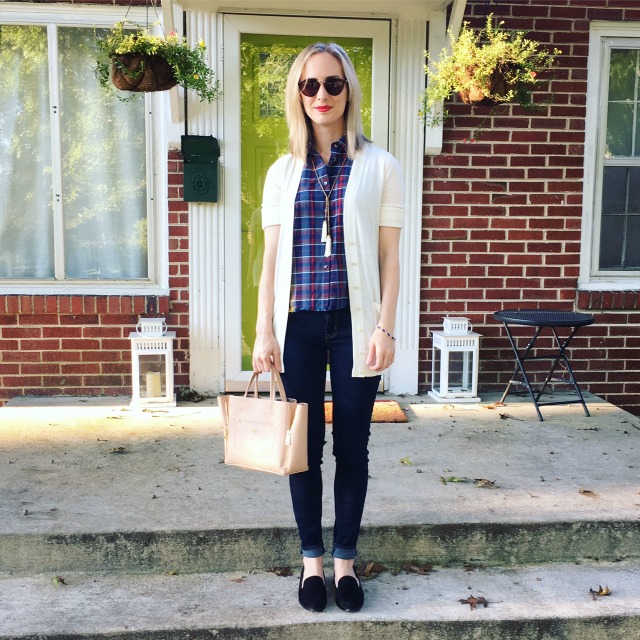 plaid shirt, suede loafers