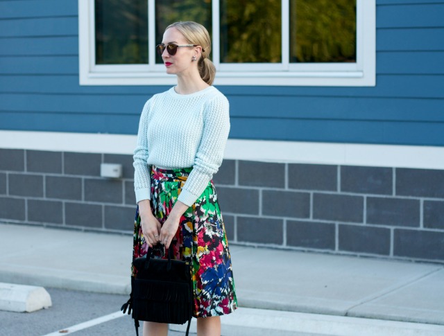 pastel sweater, abstract print midi skirt, Michael Kors flats