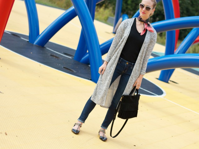 duster, neck scarf, casual outfit