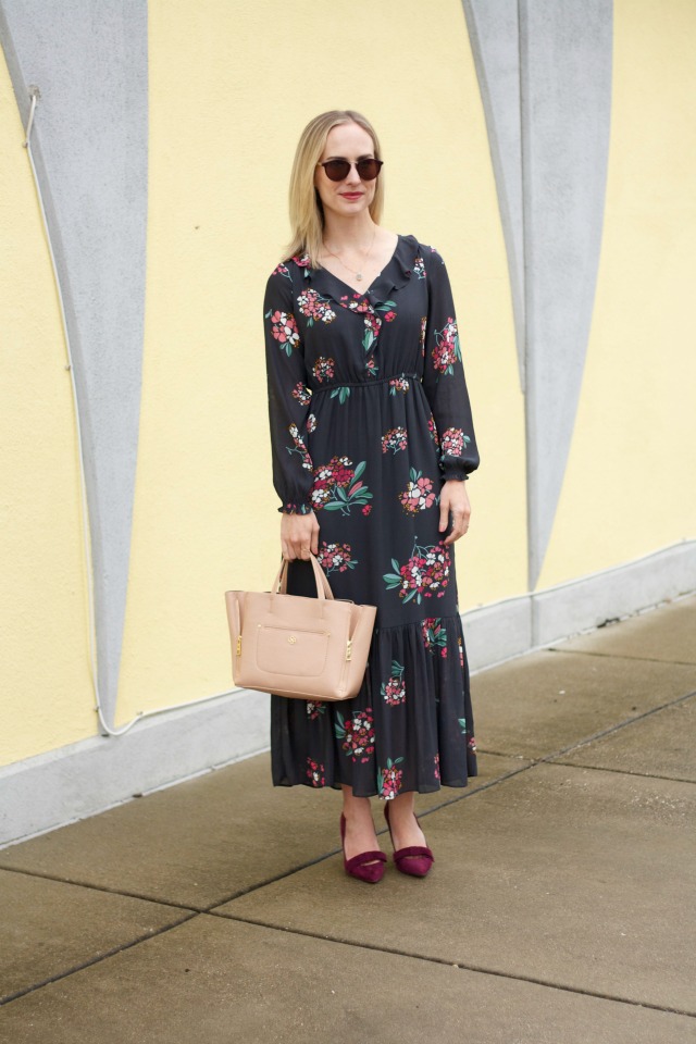 long sleeve flora maxi dress, maxi dress with heels, Ann Taylor suede bow pumps, maxi dress for the office