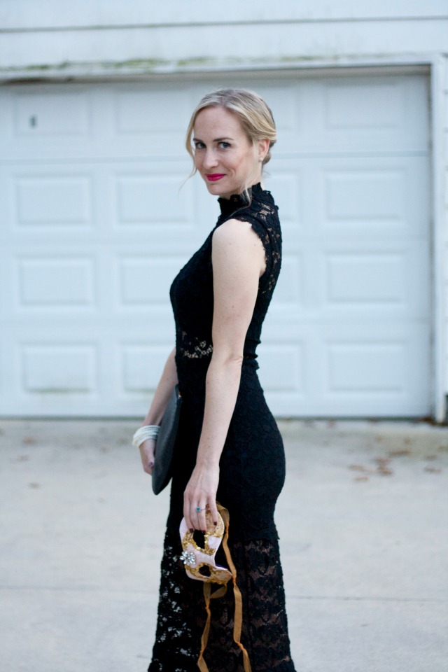 masquerade chic, Rent the Runway, black lace gown