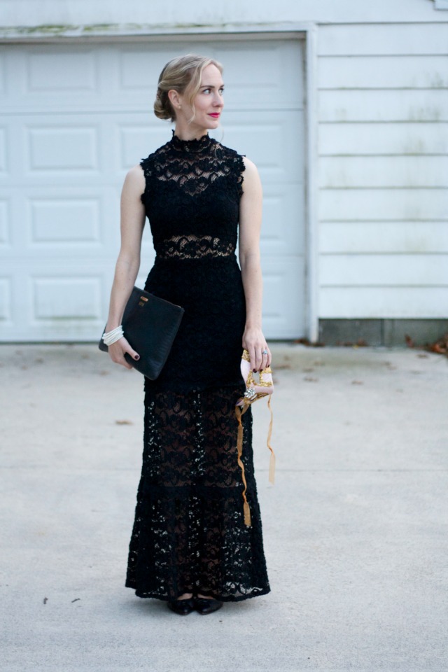 masquerade chic, Rent the Runway, black lace gown