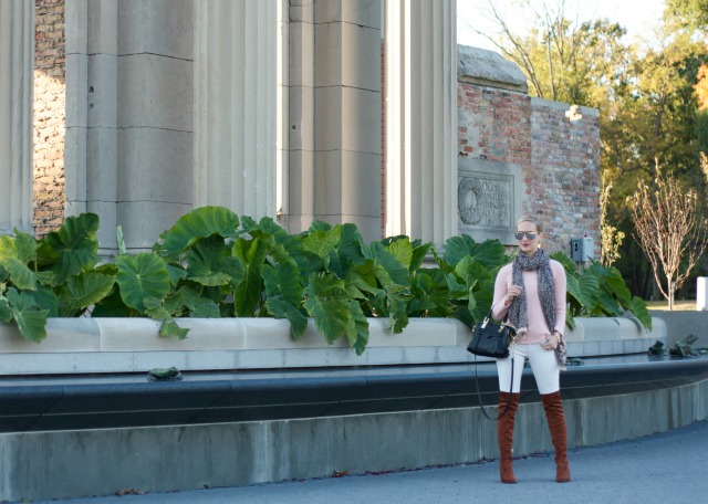 white pants for fall, blush sweater, brown suede OTK boots, animal print scarf