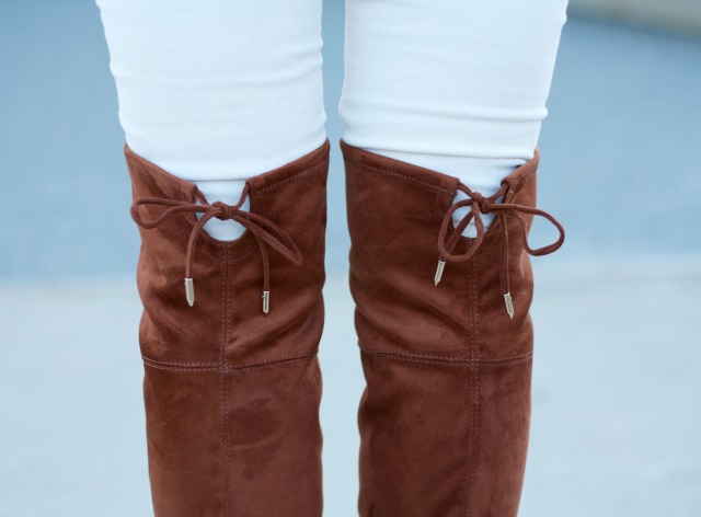 white pants for fall, blush sweater, brown suede OTK boots, animal print scarf