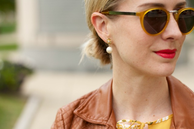yellow dress, tan faux leather jacket, Rebecca Minkoff leopard Love bag, yellow sunglasses