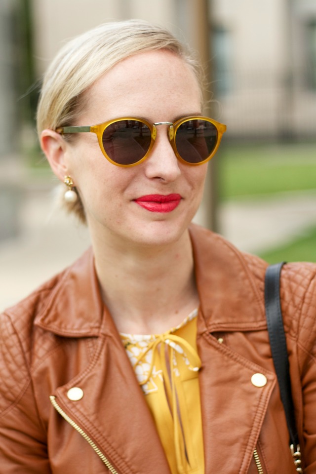 yellow dress, tan faux leather jacket, Rebecca Minkoff leopard Love bag, yellow sunglasses