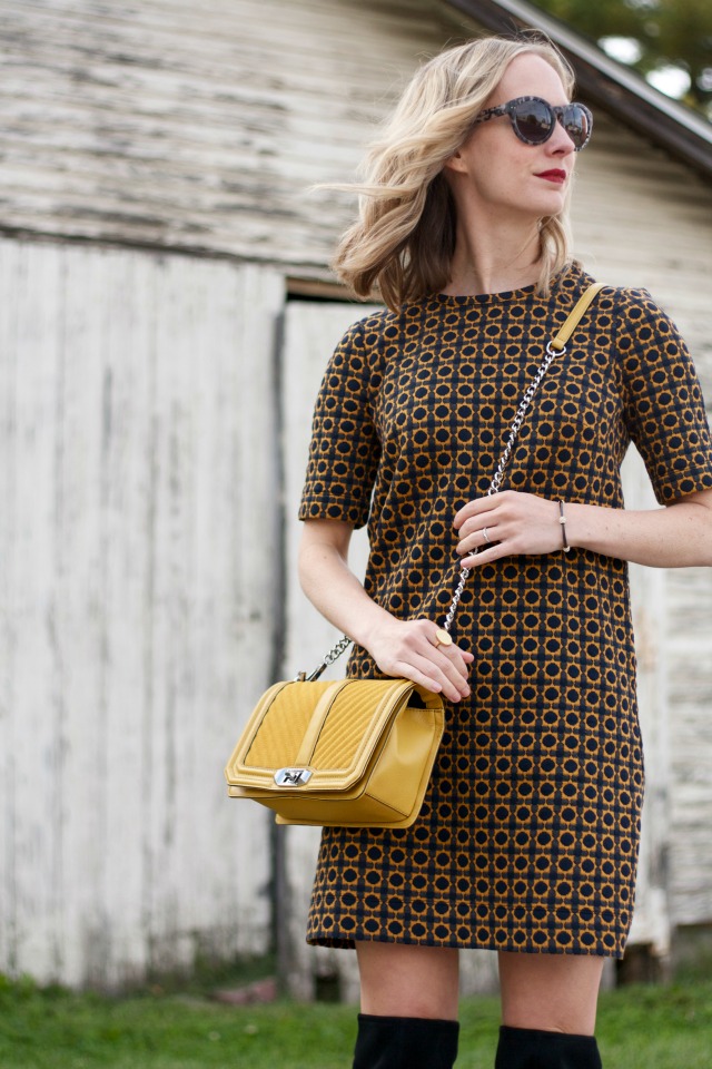 print shift dress, over the knee boots, yellow suede Rebecca Minkoff Love bag