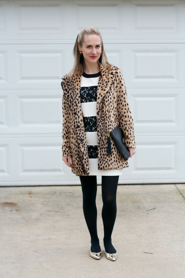 holiday party outfit, leopard faux fur coat, gold flats, Gigi New York uber clutch, tassel earrings
