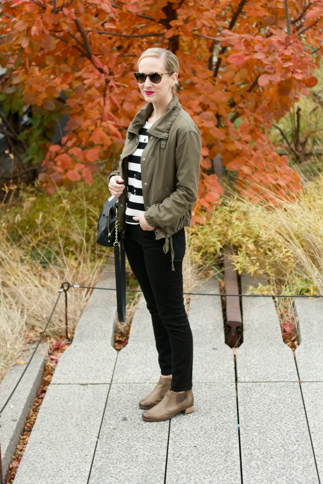 striped sweater, army jacket, black skinny jeans, flat ankle boots