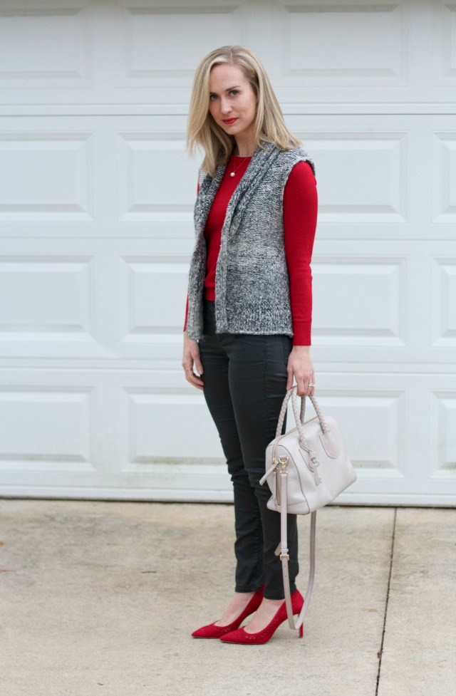 sweater vest, red sweater, matching shoes, coated jeans, pearl pendant, rose gold jewelry