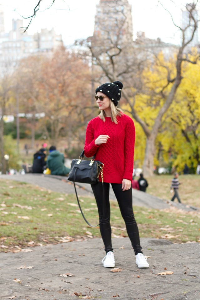 red sweater, faux leather leggings, white Chucks, J.Crew wool trench, cable knit beanie