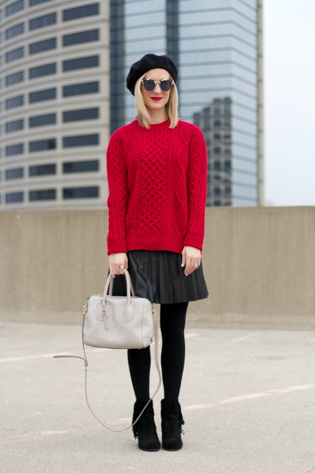 tunic sweater, leather skirt, fringe ankle boots, beret