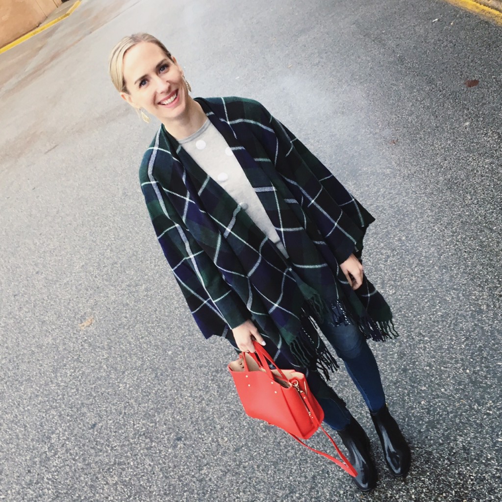 plaid poncho and rain boots outfit