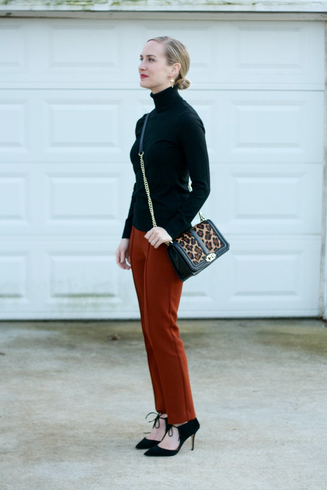 Kendra Scott Stephanie earrings, rust ankle pants, Rebecca Minkoff leopard bag