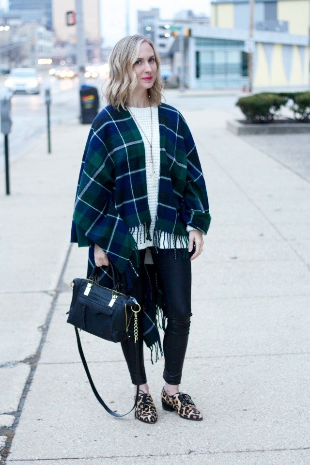 plaid poncho, tunic sweater, leather leggings, leopard oxfords outfit