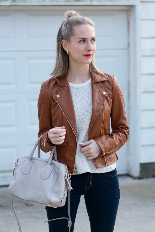 tan leather jacket, boucle tweed top, skinny jeans, leopard ankle boots
