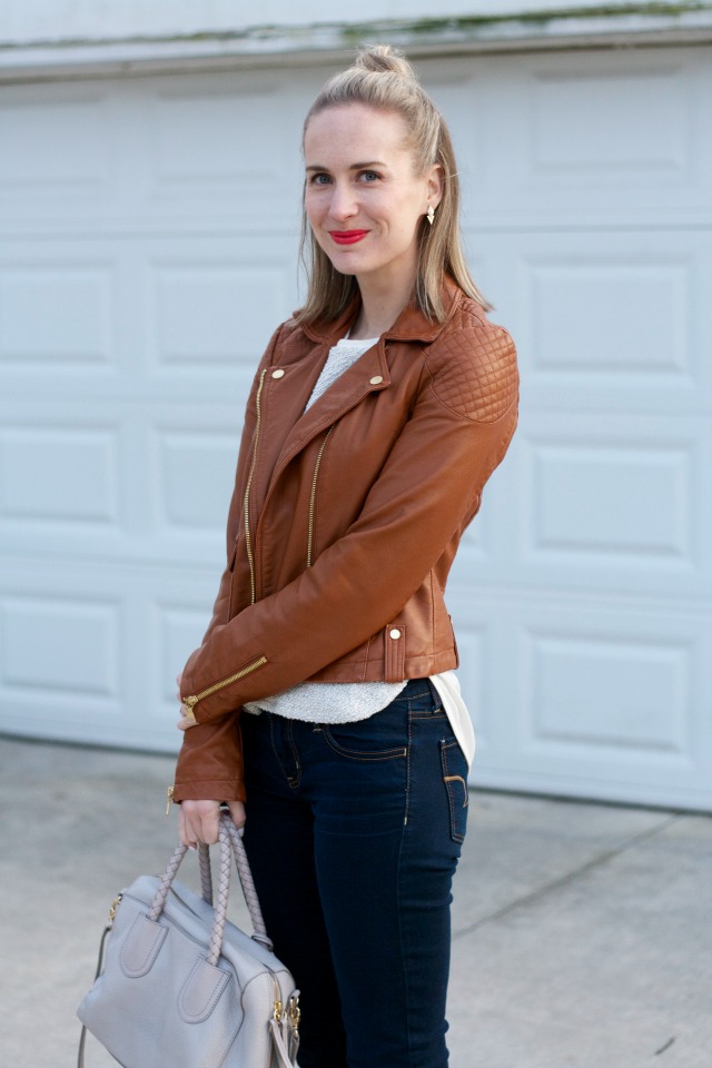 tan leather jacket, boucle tweed top, skinny jeans, leopard ankle boots