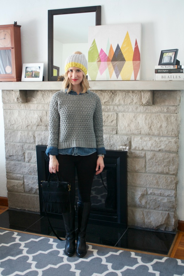 colorblock beanie, chambray, cold weather outfit