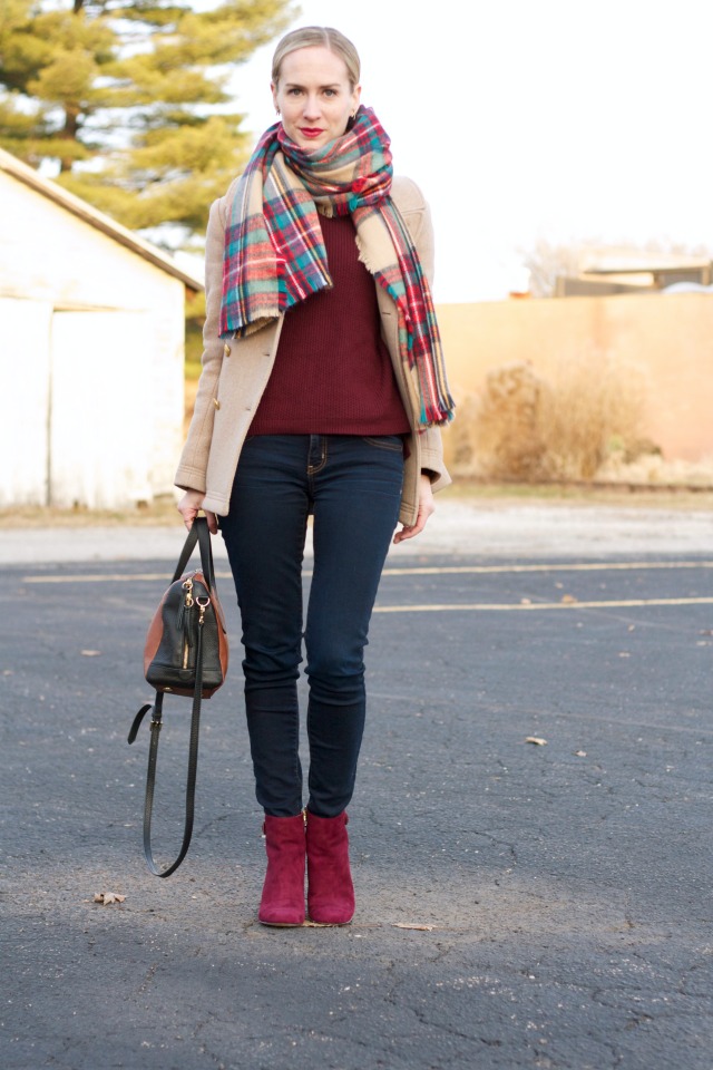 matching sweater and ankle boots, plaid blanket scarf, majesty peacoat