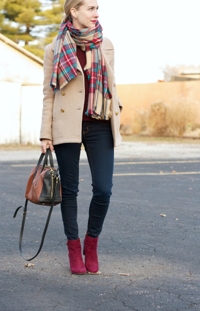 matching sweater and ankle boots, plaid blanket scarf, majesty peacoat