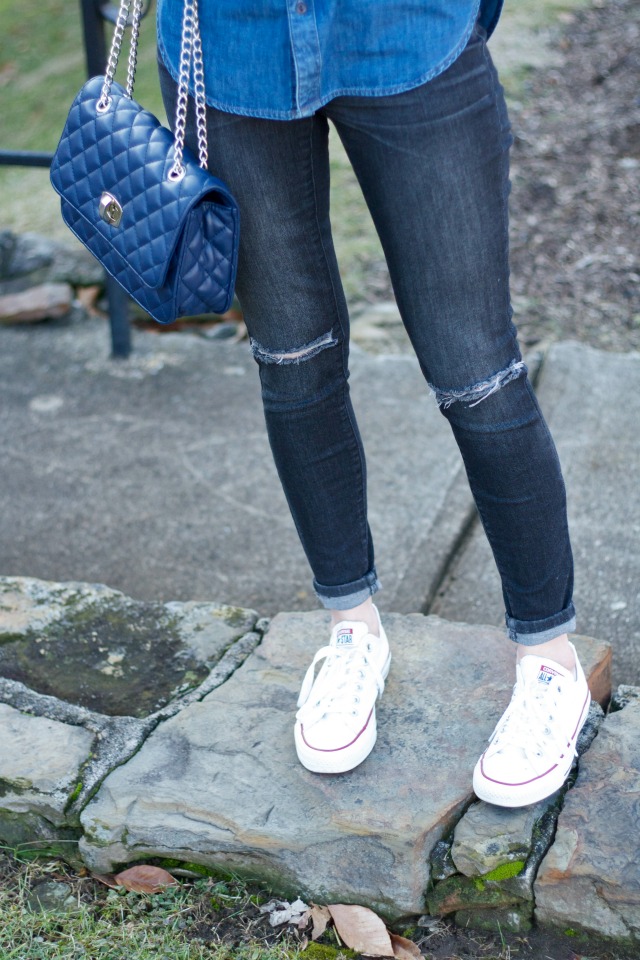 chambray bow shirt, distressed black jeans, white Converse, quilted handbag