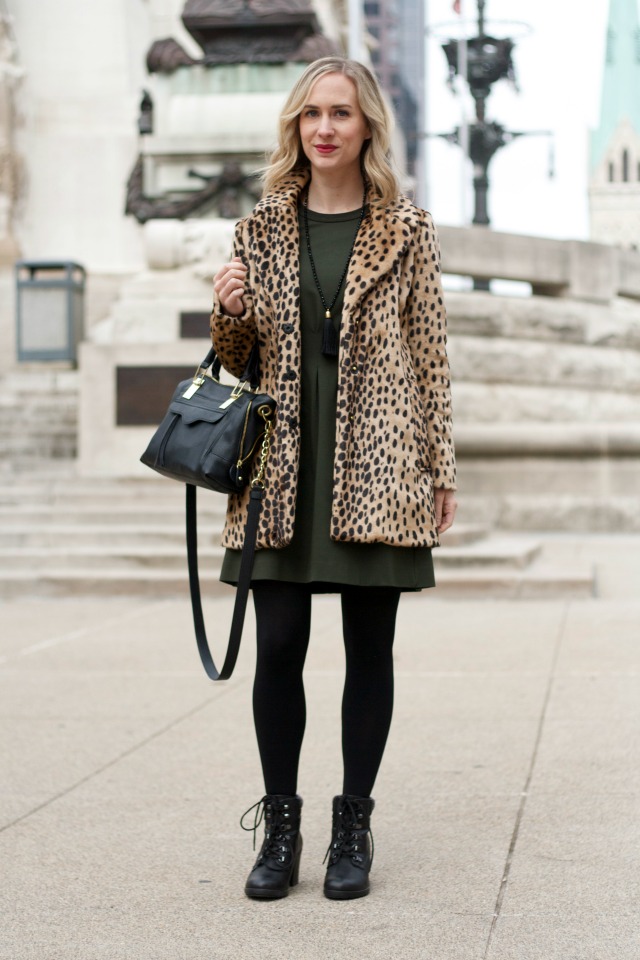 Madewell dress, snow boots, leopard coat, tassel necklace