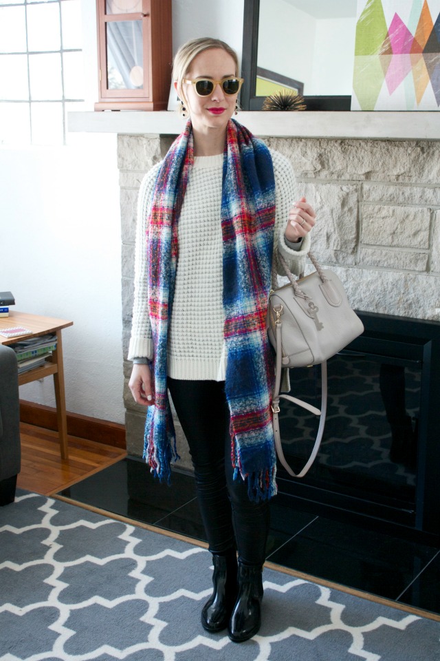 faux leather leggings, plaid blanket scarf, rain boots outfit