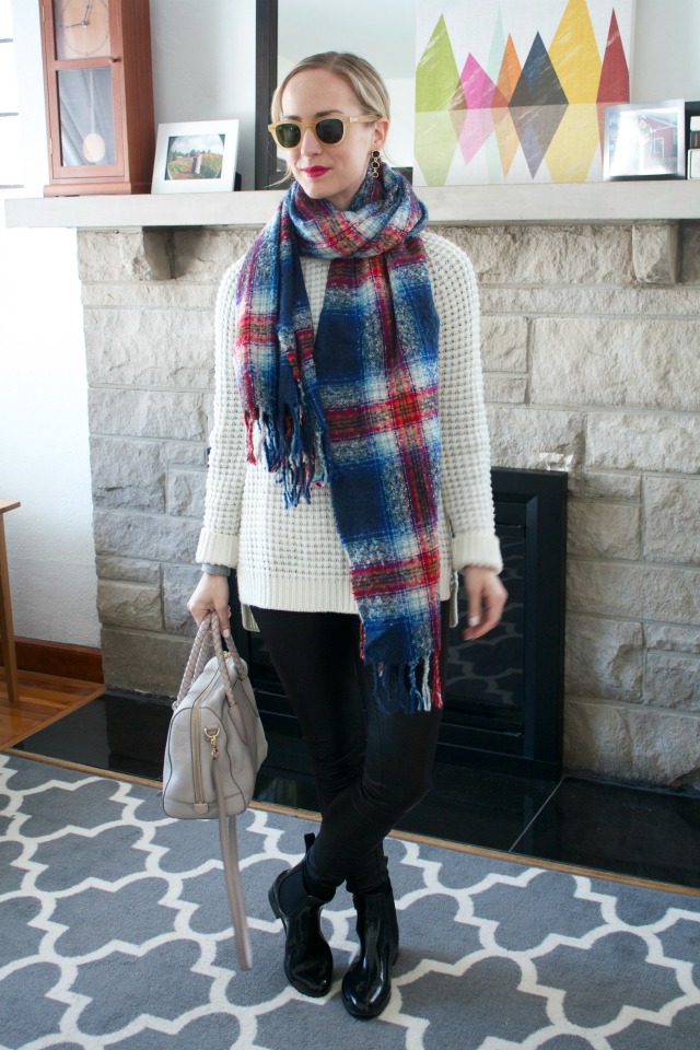faux leather leggings, plaid blanket scarf, rain boots outfit