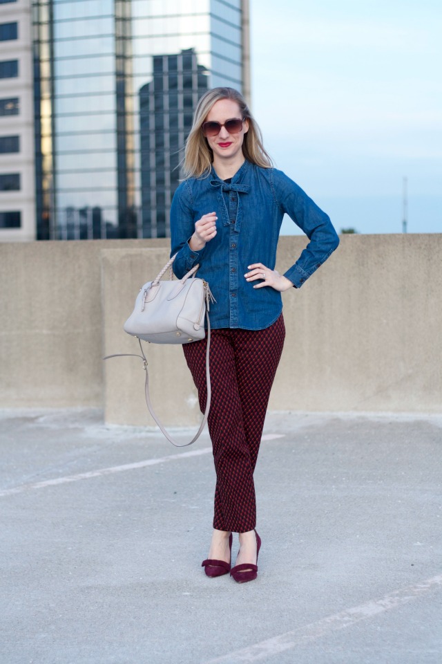 chambray shirt, ankle pants, suede bow pumps