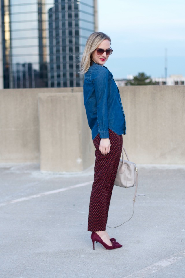 chambray shirt, ankle pants, suede bow pumps