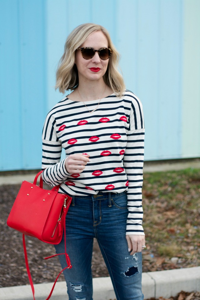embroidered stripe tee, Target jeans, white Converse sneakers, red lips