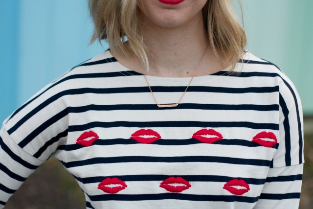 embroidered stripe tee, Target jeans, white Converse sneakers, red lips