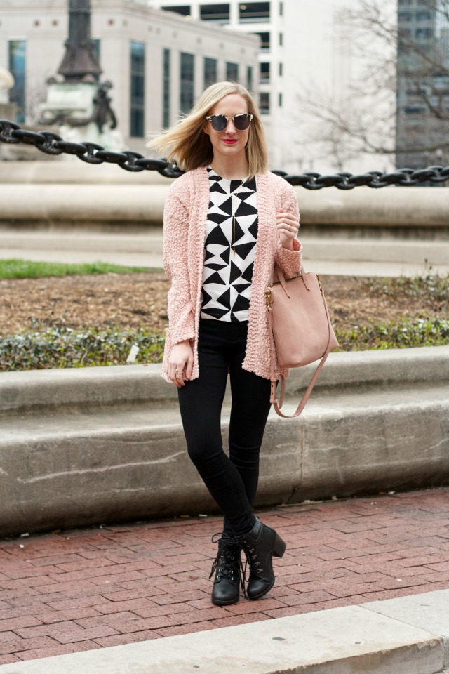 ponte pants, ankle boots, blush sweater, Madewell transport tote