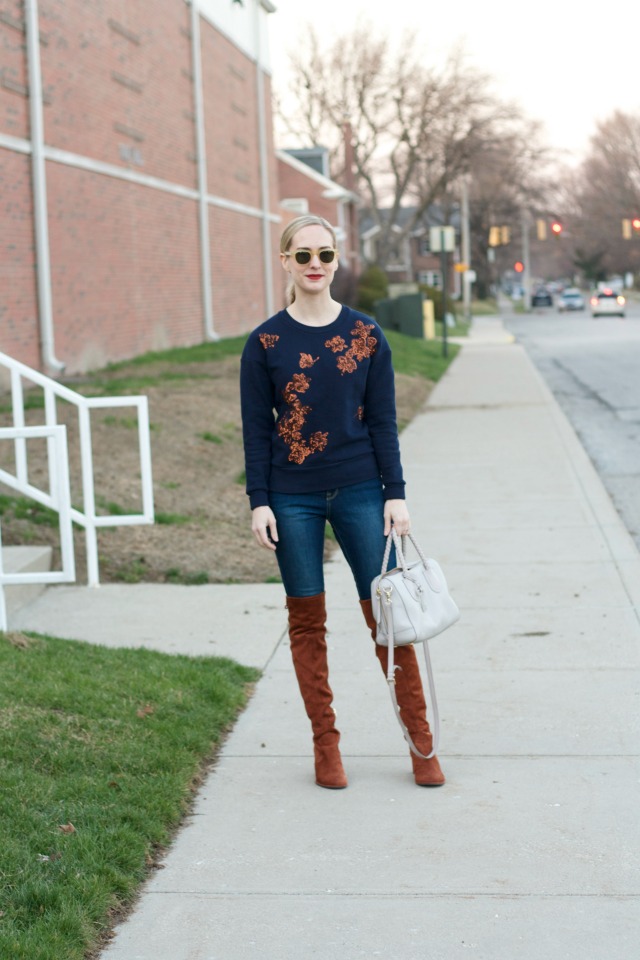 sequin sweatshirt, suede over the knee boots outfit