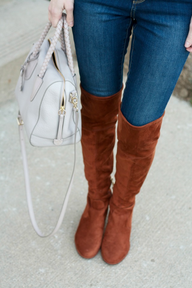 sequin sweatshirt, suede over the knee boots outfit