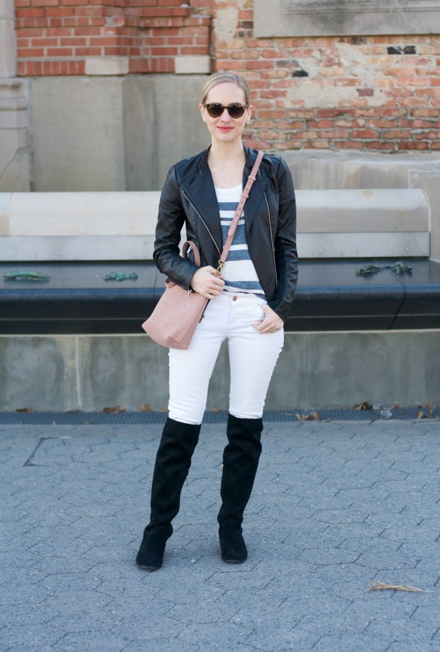 white jeans, OTK boots, leather jacket outfit