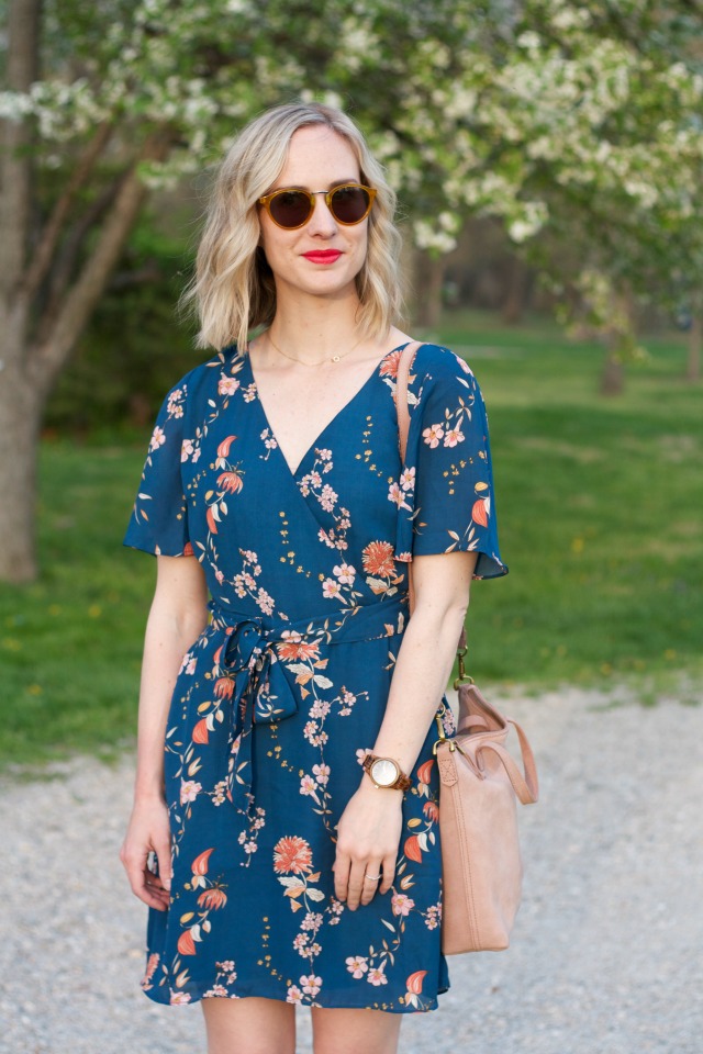 floral wrap dress, lace up flats, wood watch, suede blush tote
