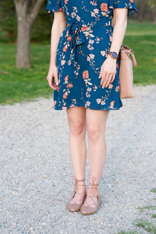 floral wrap dress, lace up flats, wood watch, suede blush tote
