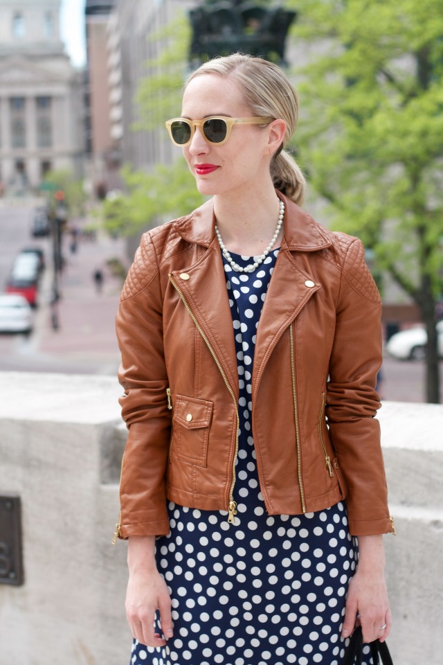 polka dot dress, faux leather moto jacket outfit