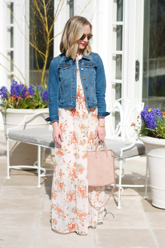 maxi dress with jean jacket and ankle boots outfit