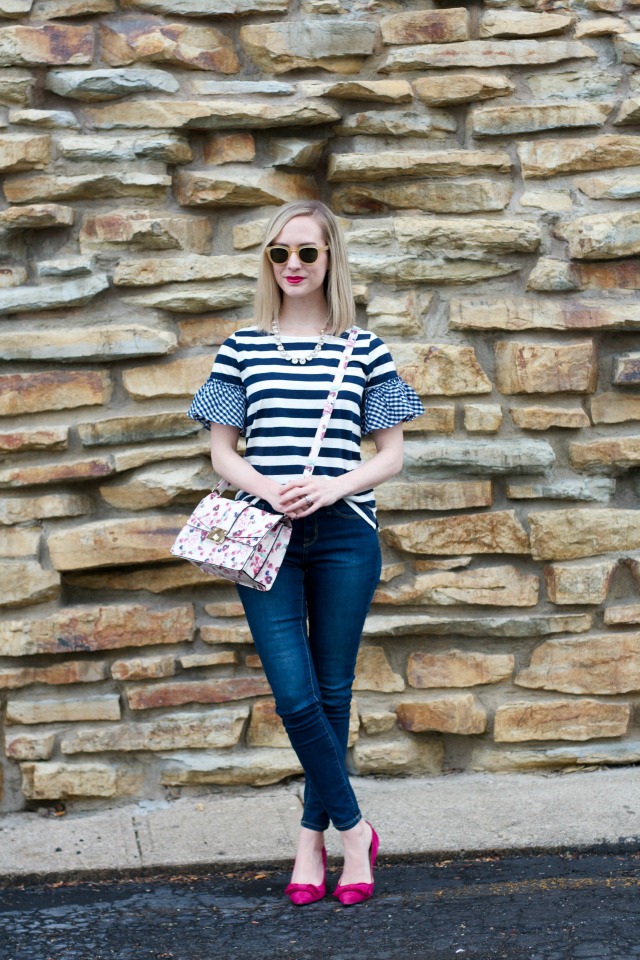 stripes and gingham, skinny jeans, pink suede pumps, Target purse