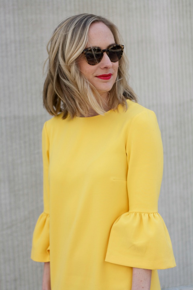 yellow bell sleeve dress, lace up flats