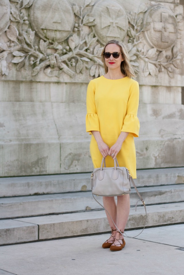 yellow bell sleeve dress, lace up flats