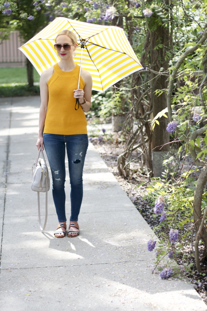 yellow halter sweater, Target jeggings, striped umbrella, wood watch