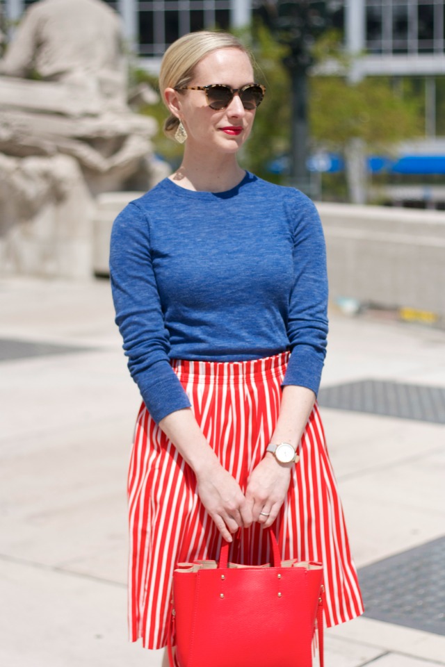 J.Crew factory striped skirt, summer sweater, gray suede pumps