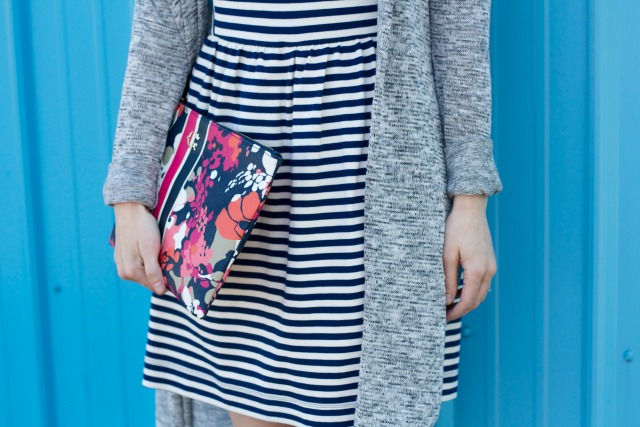 striped dress, duster cardigan, floral clutch, pink suede wedges